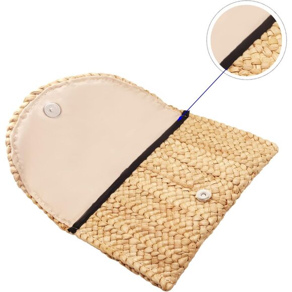 Women Khaki Woven Straw Beach Handbag Envelope Clutch Rattan Clutch - Picture 5 of 6